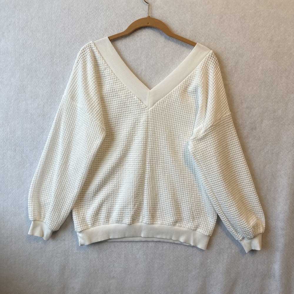 Adreamly White Waffle Knit‎ V Neck Front Back Sweater S Clean Girl Boho Chic